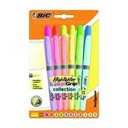 Bic Highlighter Grip 6 Pastel + 6 Canlı Renk 12`li Fosforlu Kalem - Bic