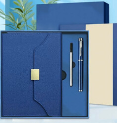 Deri Ajanda ve Özel Tükenmez Kalem Premium Hediye Seti - Mavi - Halk Kitabevi