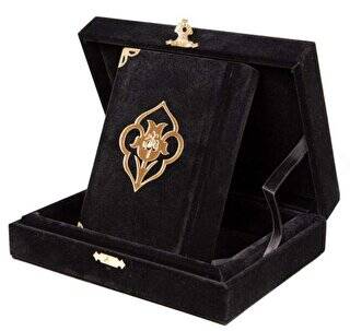 Kadife Kutulu Kur`an-ı Kerim Büyük Cep Boy, Güllü, Siyah - 1