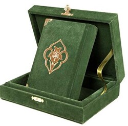 Kadife Kutulu Kur`an-ı Kerim Büyük Cep Boy, Güllü, Yeşil - Hayrat Neşriyat